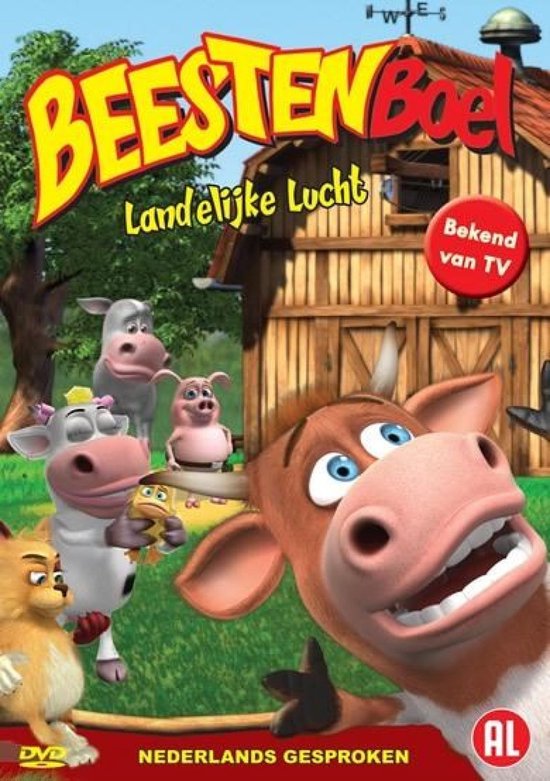 DVD hoes met de titel 'BEESTENBOEL Landelijke Lucht' in gele letters. Boeren stal op de achtergrond. Koeien, een varken en een kat in de voorgrond.