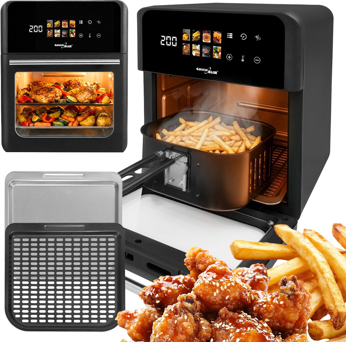 GreenBlue GB950 - AIR FRYER - Vetvrije friteuse - 1800 W - 10 l - 8 programma’s - Accessoires - Timer