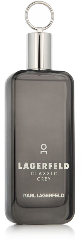 Grijze parfumfles met 'LAGERFELD CLASSIC GREY EAU DE TOILETTE' opdruk en een ring aan de dop.