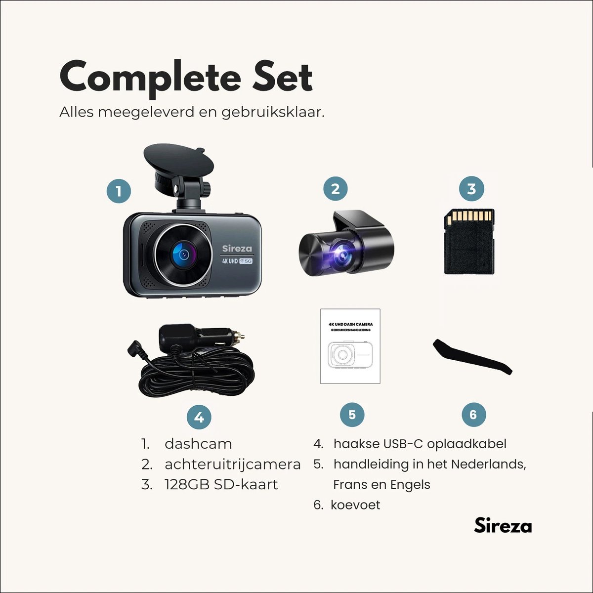 Sireza® D2 - Dashcam - Dashcam Voor Auto - Dual Dashcam - Ultra 4K & UHD - 3 inch met App - GPS live locatie + snelheid - 128GB SD Kaart - Loop Opname - G Sensor - mini koevoet - haakske usb-c oplaadkabel - NL/FR/ENG Handleiding + NL Systeem – foto 8