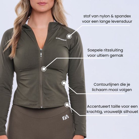 Donkergroen sportvest met rits, met contourlijnen die het lichaam volgen en taille accentueren.