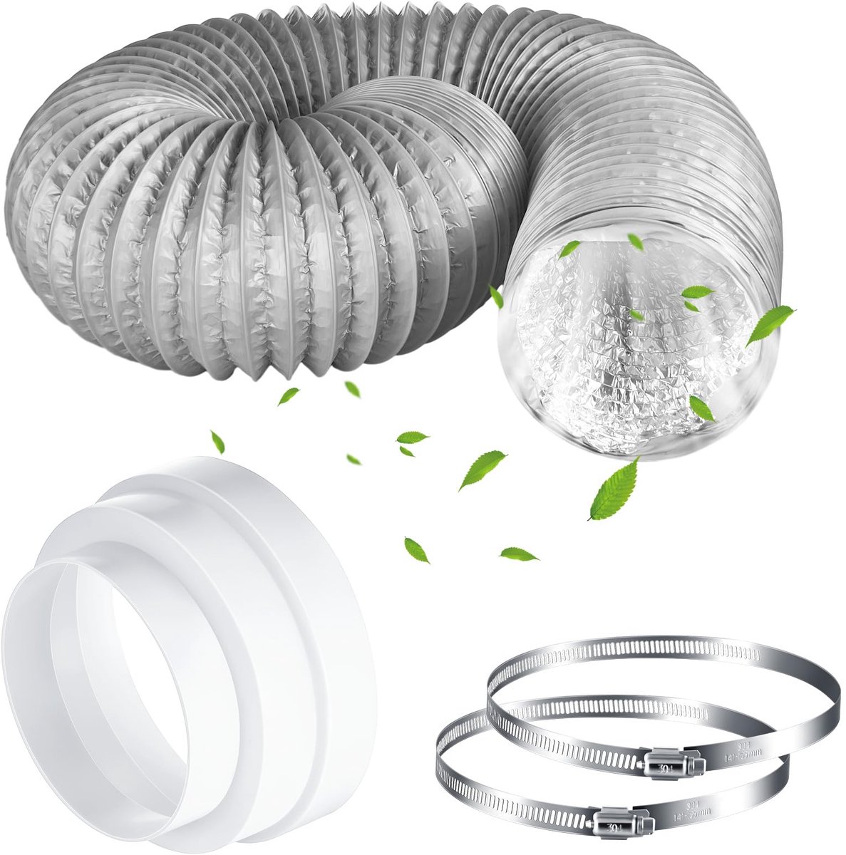 Afvoerslang - Flexibele PVC Buis - 150 mm x 2 m met Slangklemmen en Verloopstuk