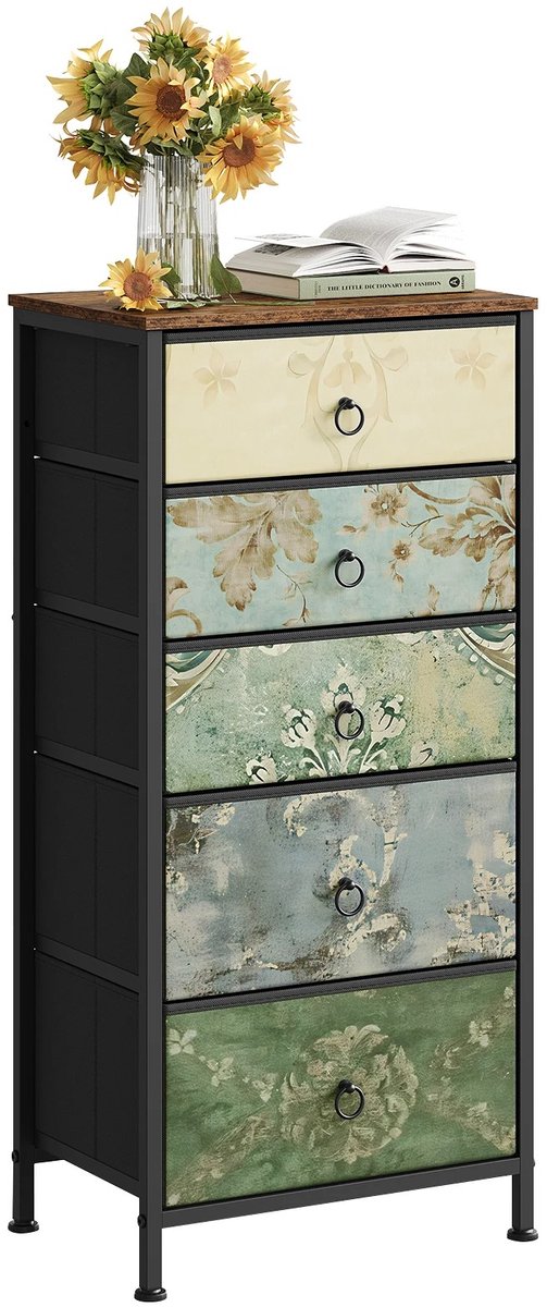 Archi Stoffen Ladekast - Smalle Opbergkast - Vintage Bloemen Design – Retro Stijl – Metaal & Hout – 5 Laden – 45,5 × 95,5 × 30 cm