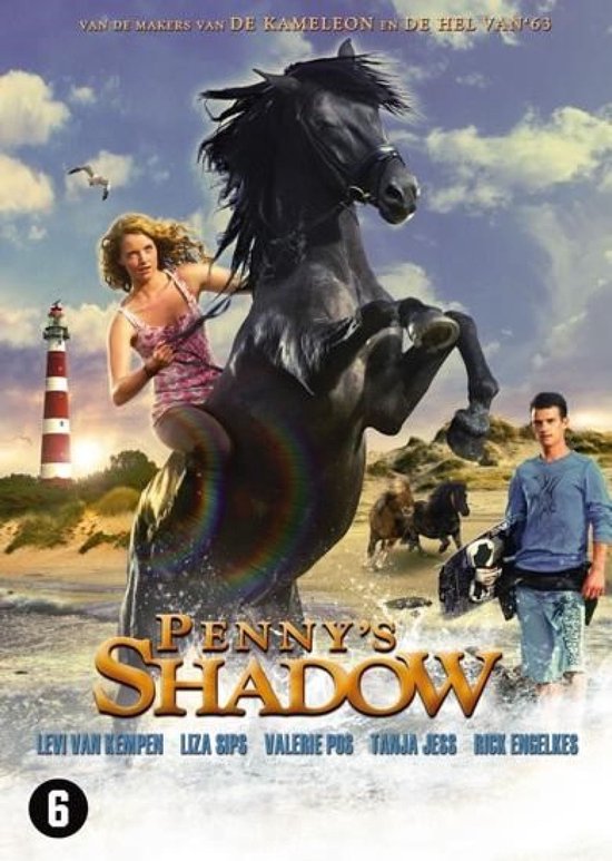 Film poster 'Penny's Shadow' met een vrouw op een zwart paard bij een vuurtoren.