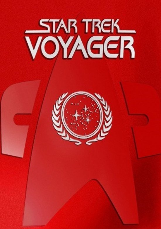 Star Trek Voyager logo met rode achtergrond.