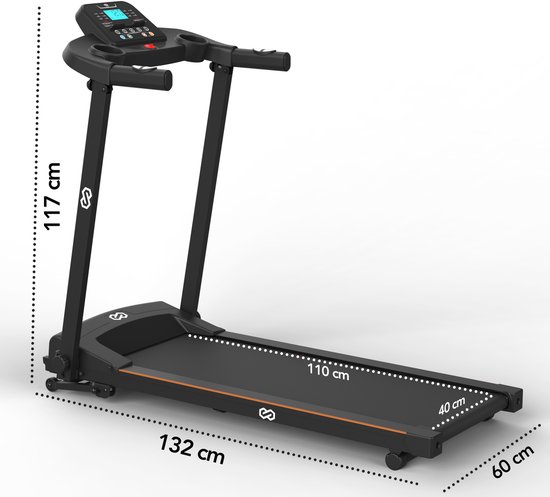 Zwarte loopband met afmetingen: 132 cm lengte, 117 cm hoogte, 60 cm breedte, loopvlak 110x40 cm.