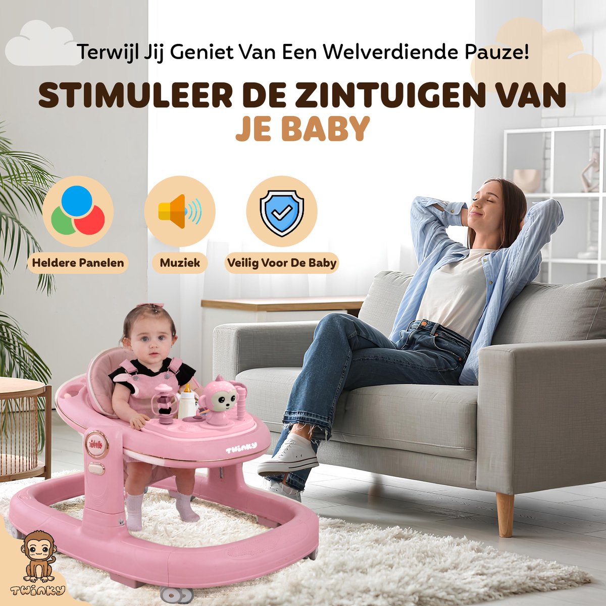 Twinky® Babywalker GO - 4-in-1 Loopstoel Baby & Loopwagen met 3-delige speelset – Loopstoeltje & Loopkar Inklapbaar inclusief Voetenmat en Steel – foto 8