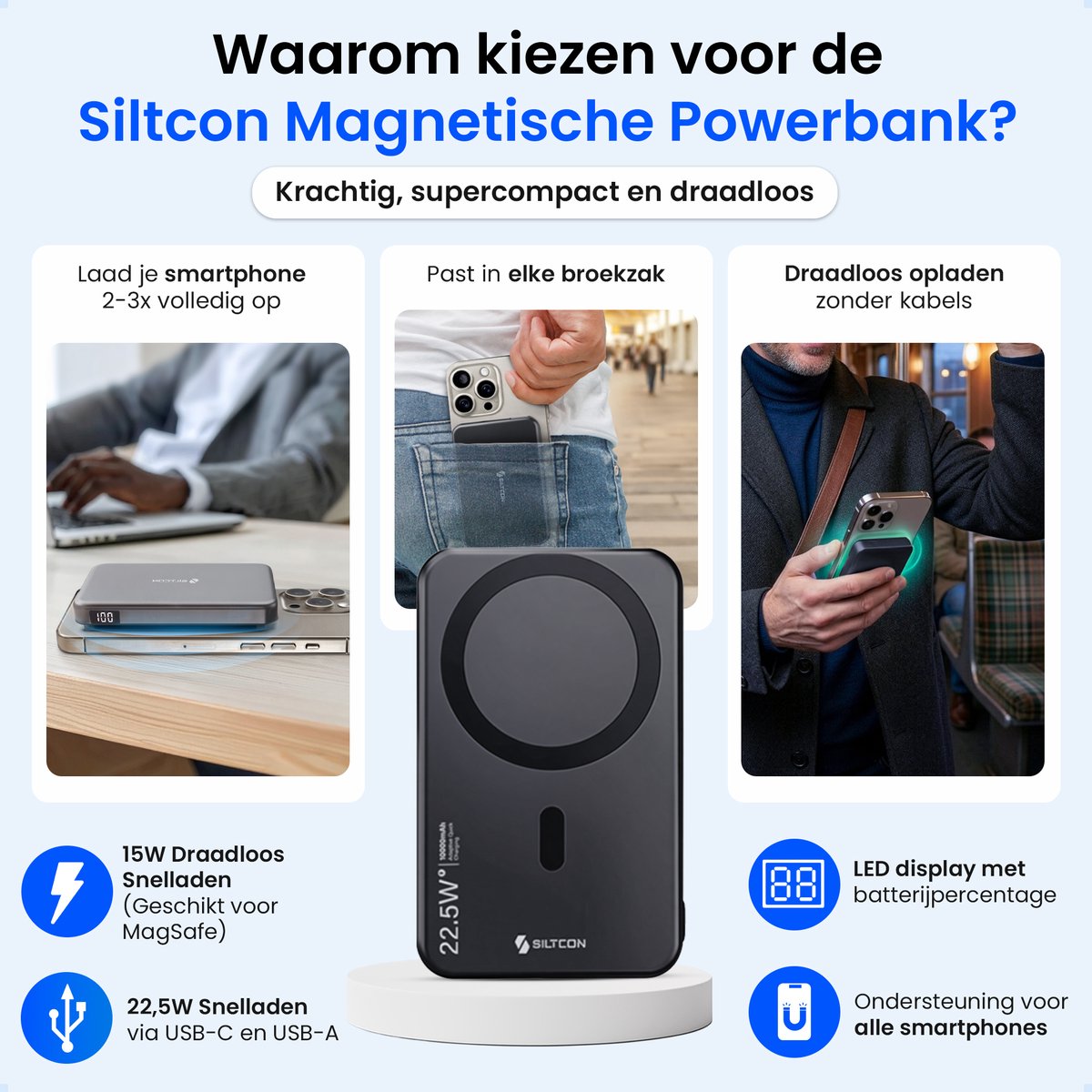Siltcon® Draadloze Powerbank 10000 mAh - Geschikt voor MagSafe 15W - Powerbanks - Noodpakket - Magnetisch Opladen - USB-C 22.W - USB-A 18W - LED Display - Universeel Telefoons, Tablets & Meer - Ultra Dun — afbeelding 2