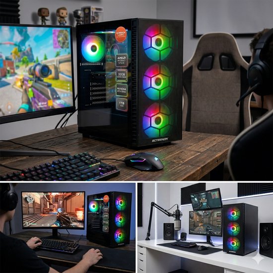 Drie afbeeldingen van een zwarte pc-behuizing met RGB-ventilatoren, op een bureau en in een gaming-opstelling.