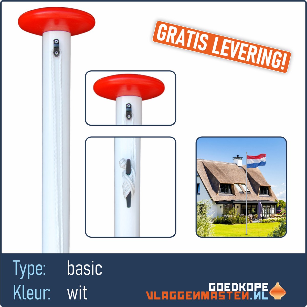 Vlaggenmast wit, 8 meter, diameter 85 mm. Aluminium clilindrisch, wit gecoat incl. kikker, oranje knop, oog, koord en overschuifkoker. Type BASIC 8508W1B - goedkope-vlaggenmasten.nl