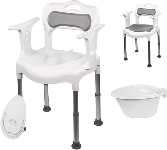 Plaza Care Chair Douchestoel & Toiletstoel 2-in-1 – Met Armleuningen en Toiletemmer – Verstelbare Zithoogte – Antislip – Aluminium – Wit/Grijs - Douchekruk - Badkamerstoel