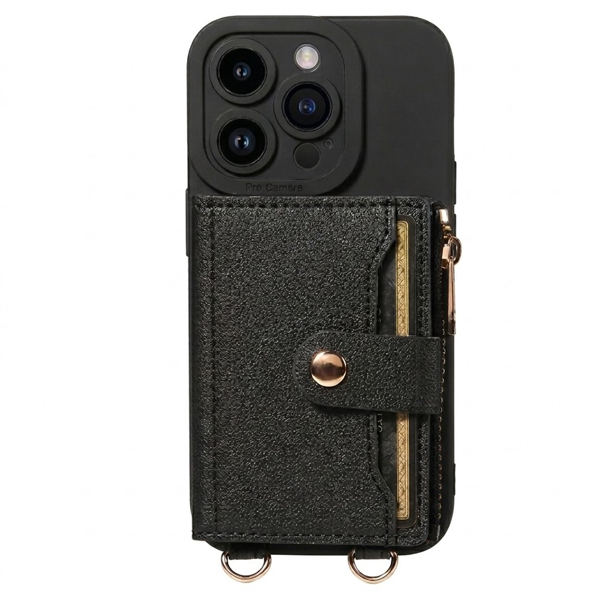 Zwart telefoon hoesje met portemonnee en koord geschikt voor iPhone 17 Pro – faux leren wallet case met pasjeshouder, drukknoopsluiting en beschermende backcover
