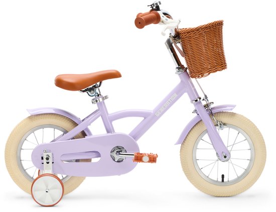 Vélo enfant lilas avec panier, selle marron, poignées marron, roulettes et pneus marron.