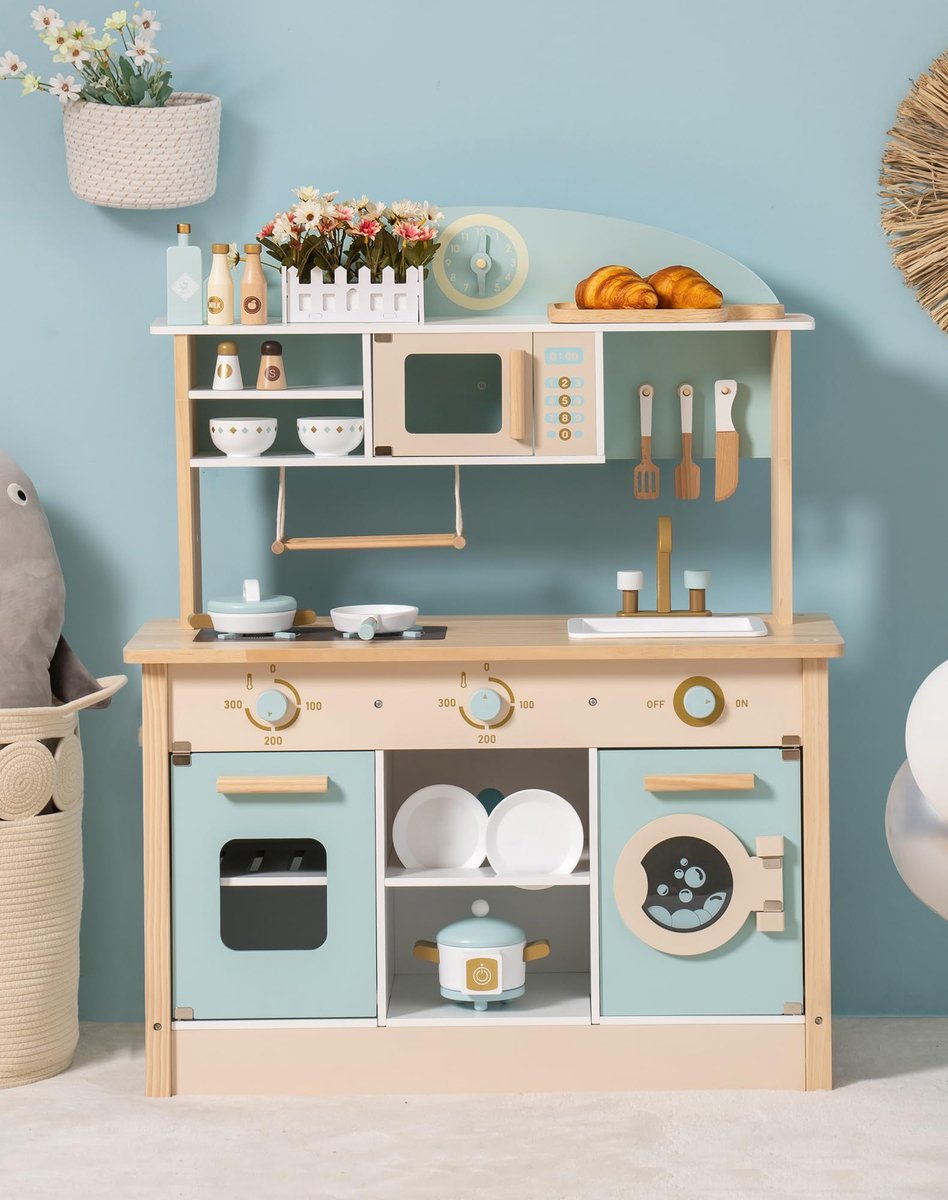 Robotime - ROBUD Houten Moderne Speelkeuken - Luchtblauw - Speelset met Volledige Accessoires - Voor Peuters 3+ — afbeelding 7