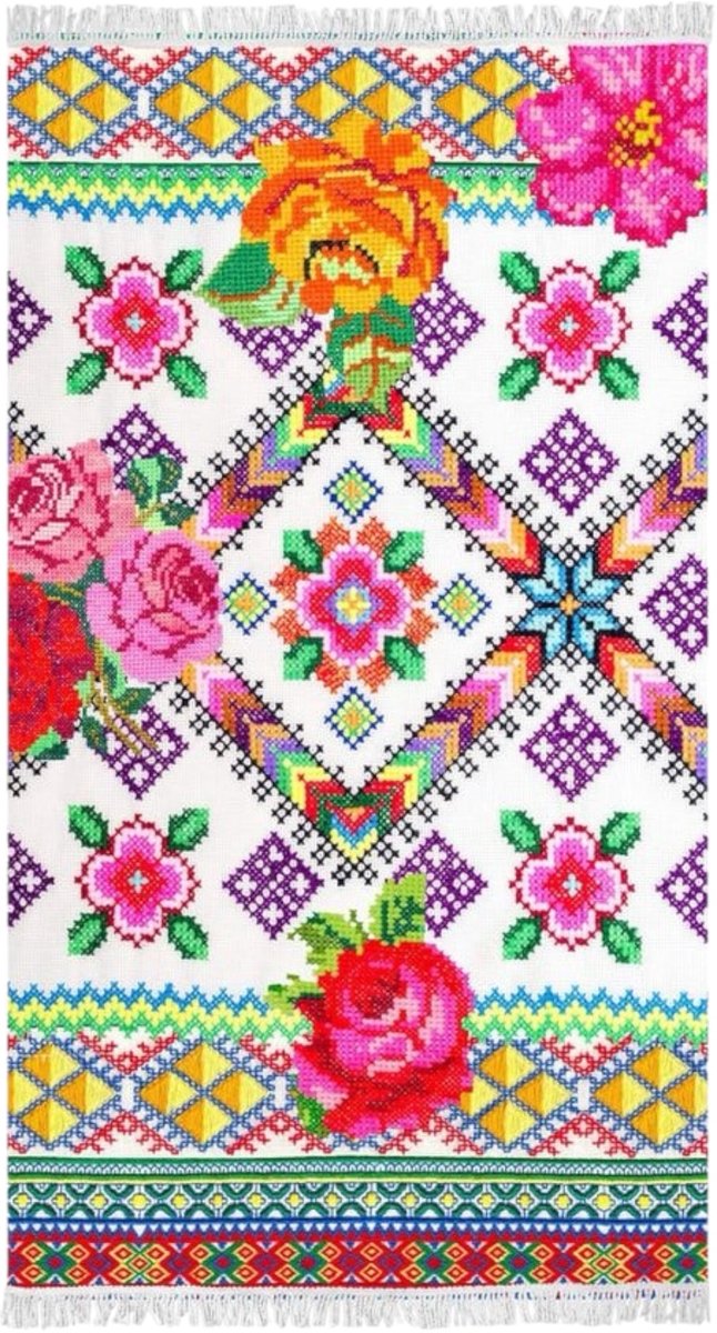 Happiness Strandlaken Yucatan - 100x180 cm - 100% Katoen - Bloemen en Figuren - Wit/Roze met Franjes