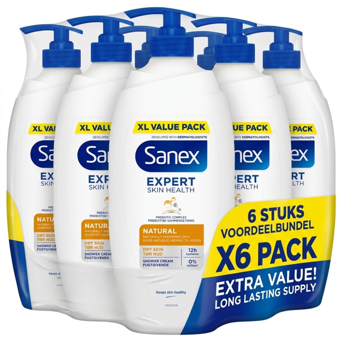Sanex Expert Skin Health Natural Prebiotic Voordeelverpakking – 6 x 750 ml – Voor de Droge Huid