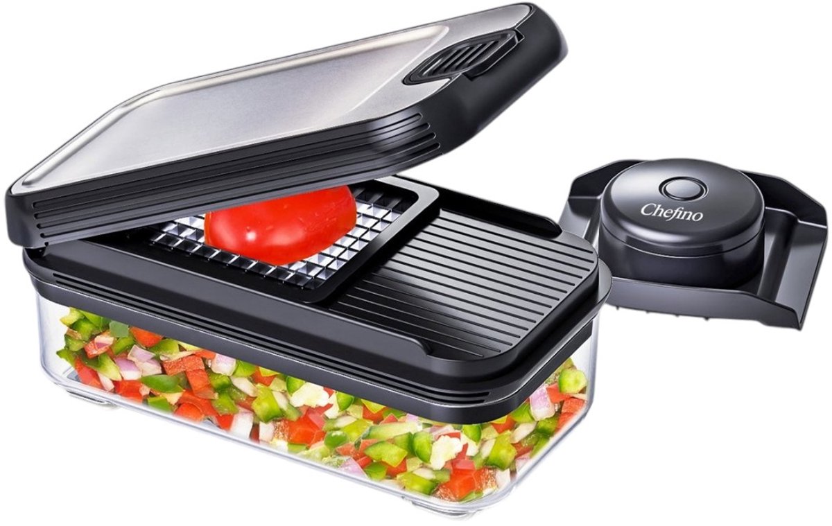 Groentesnijder Set met Opvangbak 750 ml – Mandoline Snijder – Groente Hakker – Uiensnijder – Blokjessnijder – Julienne Snijder – Groente Rasp – Keuken Mandoline met 5 RVS Messen