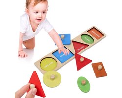 Montessori Speelgoed – Houten Vormenpuzzel voor Peuters – Kleurrijke Geometrische Vormen Puzzel – Houten Sorteerbord – Kleuren Sorteerpuzzel voor Baby’s – Educatief Peg Puzzelbord voor Kleuters