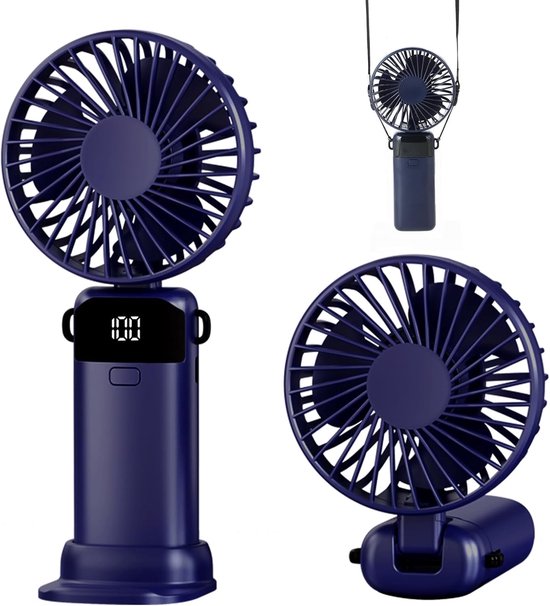 Oplaadbare mini handventilator USB, 5 snelheden, LED-display, draagbaar, stil, met voet, blauw, voor binnen en buiten