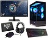 Gaming set met een 24" monitor, computerkast, muis, toetsenbord, headset en muismat.