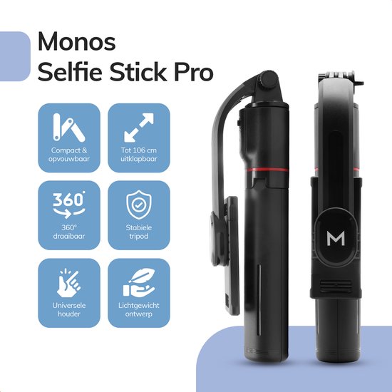 Zwarte "Monos Selfie Stick Pro" met icoontjes: compact, uitschuifbaar tot 106 cm, 360° draaibaar, stabiele tripod, universele houder, lichtgewicht ontwerp.