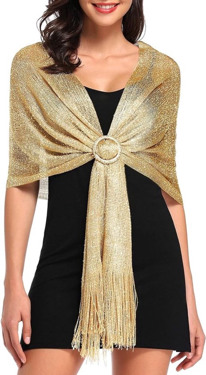 Damessjaal - glinsterende metallic sjaal - kwastjessjaal - geschikt voor avondfeesten, bruiloften, zee, stranden - met clip-Goud