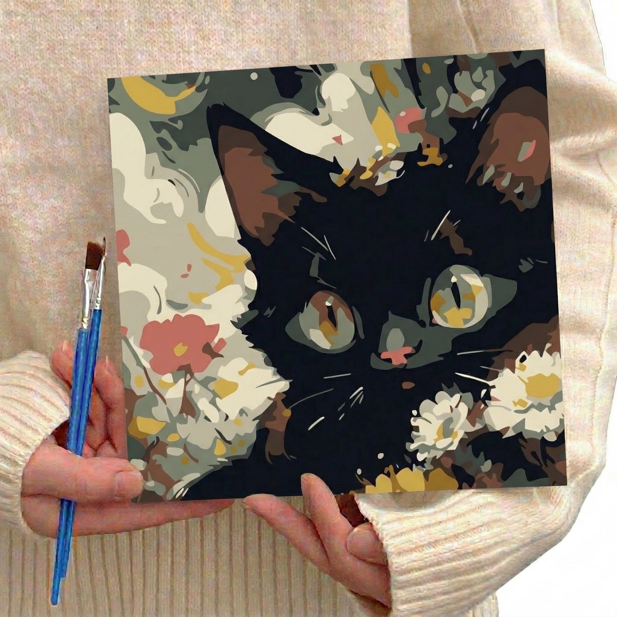 Schilderen op Nummer - Canvas op Frame - Bloemen kat - 20x20 cm - Volwassenen en Kinderen - Kleuren op Nummer - Schildersezel