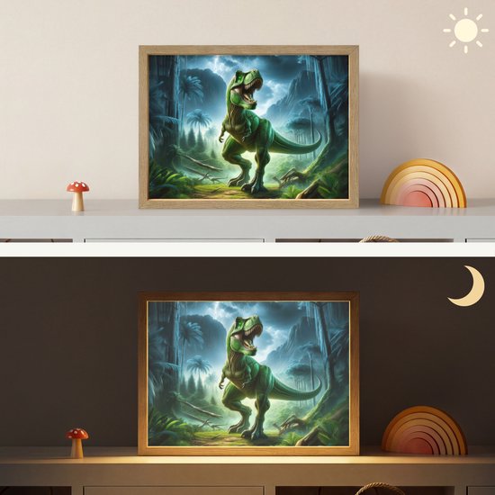 Nachtlampje 40x30 cm - Kinder lamp - Dino - Jongens - Groen - Blauw - T-Rex - Tafellamp kinderkamer draadloos - Slaapkamer lampje - Bedlamp kinderen - Kinderlampje - Wandlamp babykamer - Nachtlampjes van OnlyWow — afbeelding 4