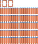 100 oranje Nerf pijltjes met blauwe doppen, gerangschikt in rijen, met een '100' vorm.