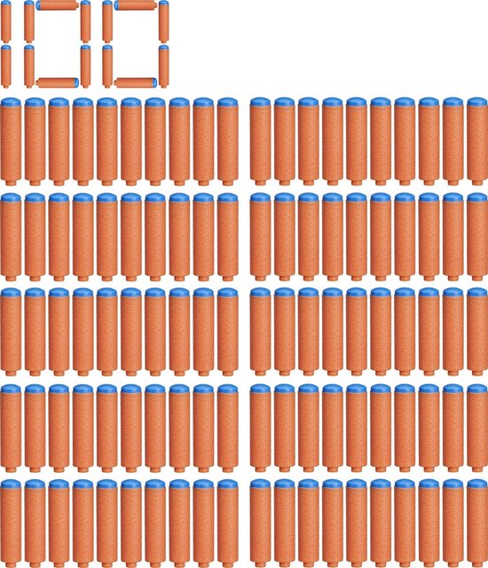 100 oranje Nerf pijltjes met blauwe doppen, gerangschikt in rijen, met een '100' vorm.