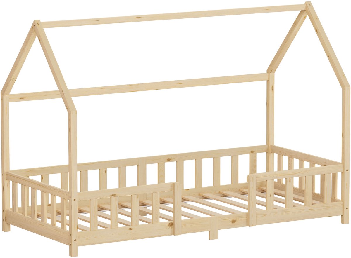 ml-design kinderbed montessori 90x200 cm met valbeveiliging houten huisbed voor meisjes en jongens massief grenenhout naturel dak lattenbodem duurzaam jeugdbed peuterbed juniorbed veilig en laag kinderbed slaapplaats kinderkamer bedframe