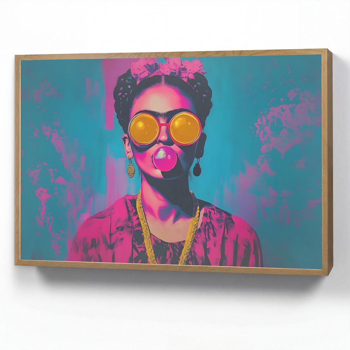 Wandlamp 100x70 cm - Oplaadbaar - Vrouw - Kauwgom - Zonnebril - Oranje - Wandlampen binnen