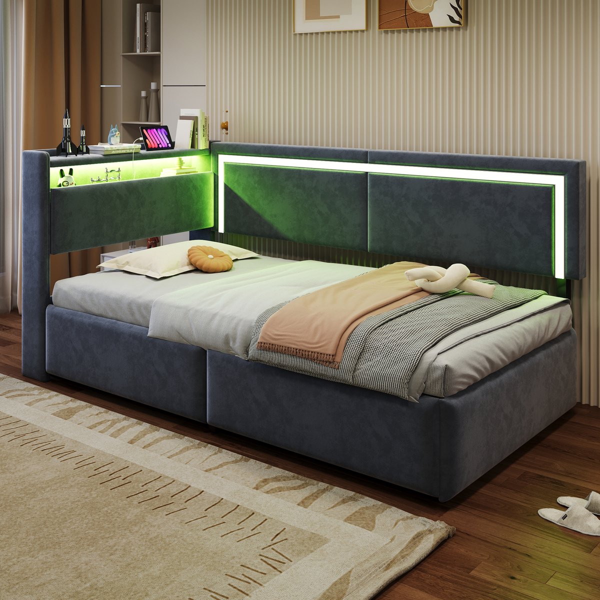 90x200 cm slaapbank - met LED-verlichting en USB-oplaadaansluiting - met opbergruimte - donkergrijs - zonder matras