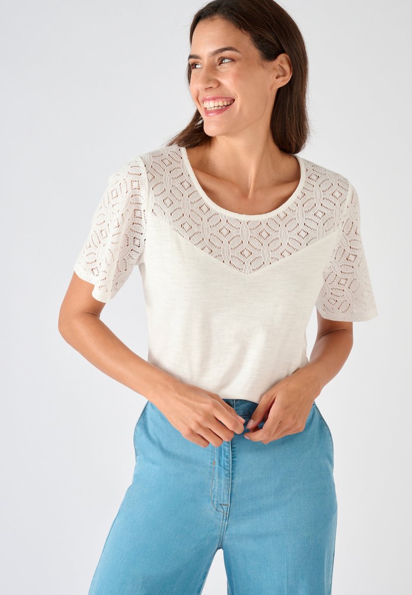 Damart - T-shirt zuiver katoen macramé inzetstuk - Dames - Wit - XS