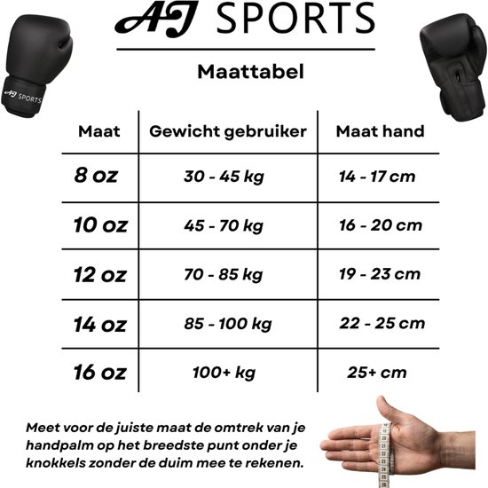 AJ-Sports Bokshandschoenen 12 oz - Boxing gloves - Boks - Boxing - Kickbokshandschoenen - Bokshandschoenen dames en heren - Kickboksen - 4 seizoenen - Zwart