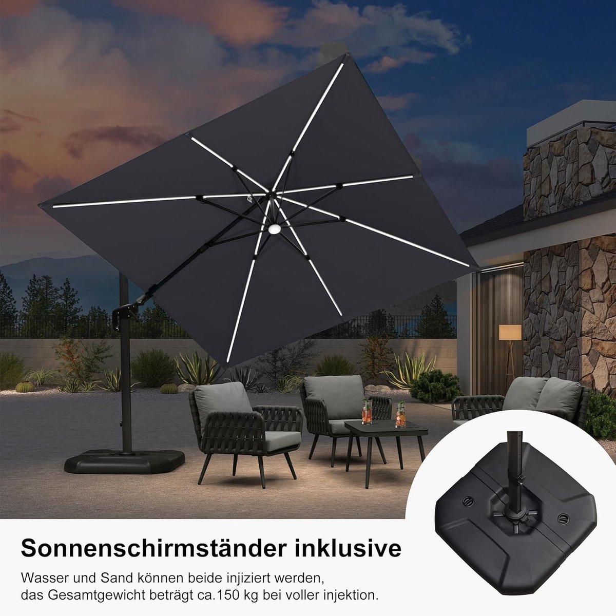 Zweefparasol 300x300 cm met LED verlichting, 360° draaibaar & kantelbaar – Aluminium frame, UV-bestendig, waterafstotend, inclusief parasolvoet – Lichtgrijs | Laura