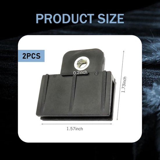 Zwarte kunststof clip met schroefdraadgat, met afmetingen 1,57 inch en 1,73 inch. "PRODUCT SIZE".