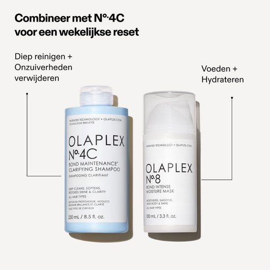 Olaplex No.8 Bond Intense Moisture Mask en Olaplex No.4C Bond Maintenance Shampoo.
