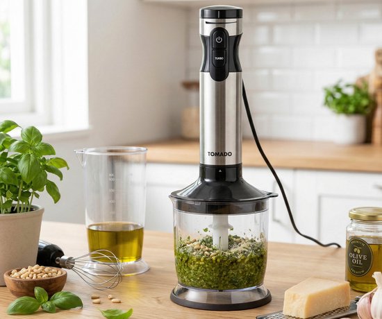 Zilveren staafmixer met zwarte knoppen in een glazen beker met pesto en pijnboompitten.
