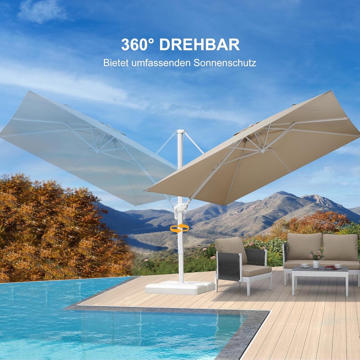 Zonne-eiland XXL 230 cm met Dak & Kussens – Polyrotan Tuinligbed Rond Ø230 cm Weerbestendig Verstelbaar Loungeset Bruin – Laura