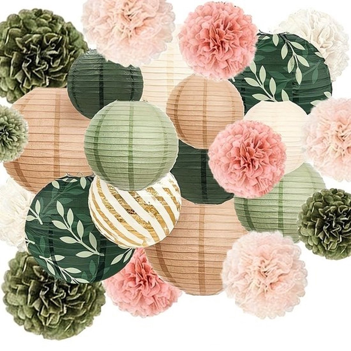 Set van 24 saliegroene tissue pompons en gouden hangende papieren lantaarns - perfect voor babyshowers, bruiloften, vrijgezellenfeesten, verjaardagen en meer
