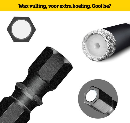 Detail van een diamantboor met zeshoekige schacht. De kop is gevuld met was voor extra koeling.