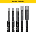 Vijf diamantboren naast elkaar, oplopend in grootte van 5mm tot 12mm. Alle boren hebben een schacht van 7mm.