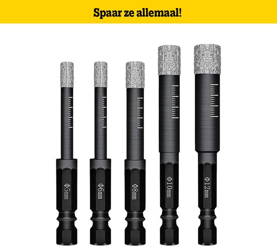 Vijf diamantboren naast elkaar, oplopend in grootte van 5mm tot 12mm. Alle boren hebben een schacht van 7mm.