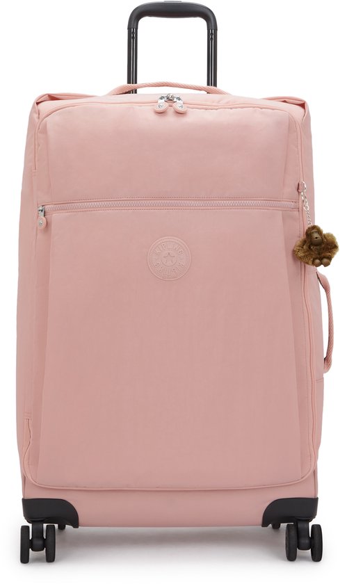Roze Kipling koffer met voorvak, ritssluiting en pompon sleutelhanger.