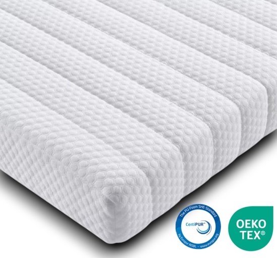 Matelas blanc à motif rayé et labels CertiPUR et OEKO-TEX.