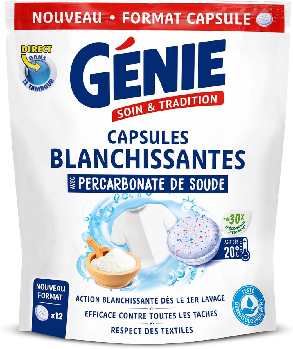 Genie Wasmiddel Capsules Blancherend – Met Percarbonaat van Soda – 12 Capsules (240 g) – Voor Stralend Witte Was