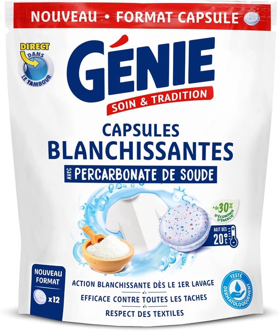 Verpakking met "Génie Soin & Tradition" wascapsules. Met witte en gekleurde spikkels, met "Nouveau Format CAPSULE" en "CAPSULES BLANCHISSANTES PERCARBONATE DE SOUDE".