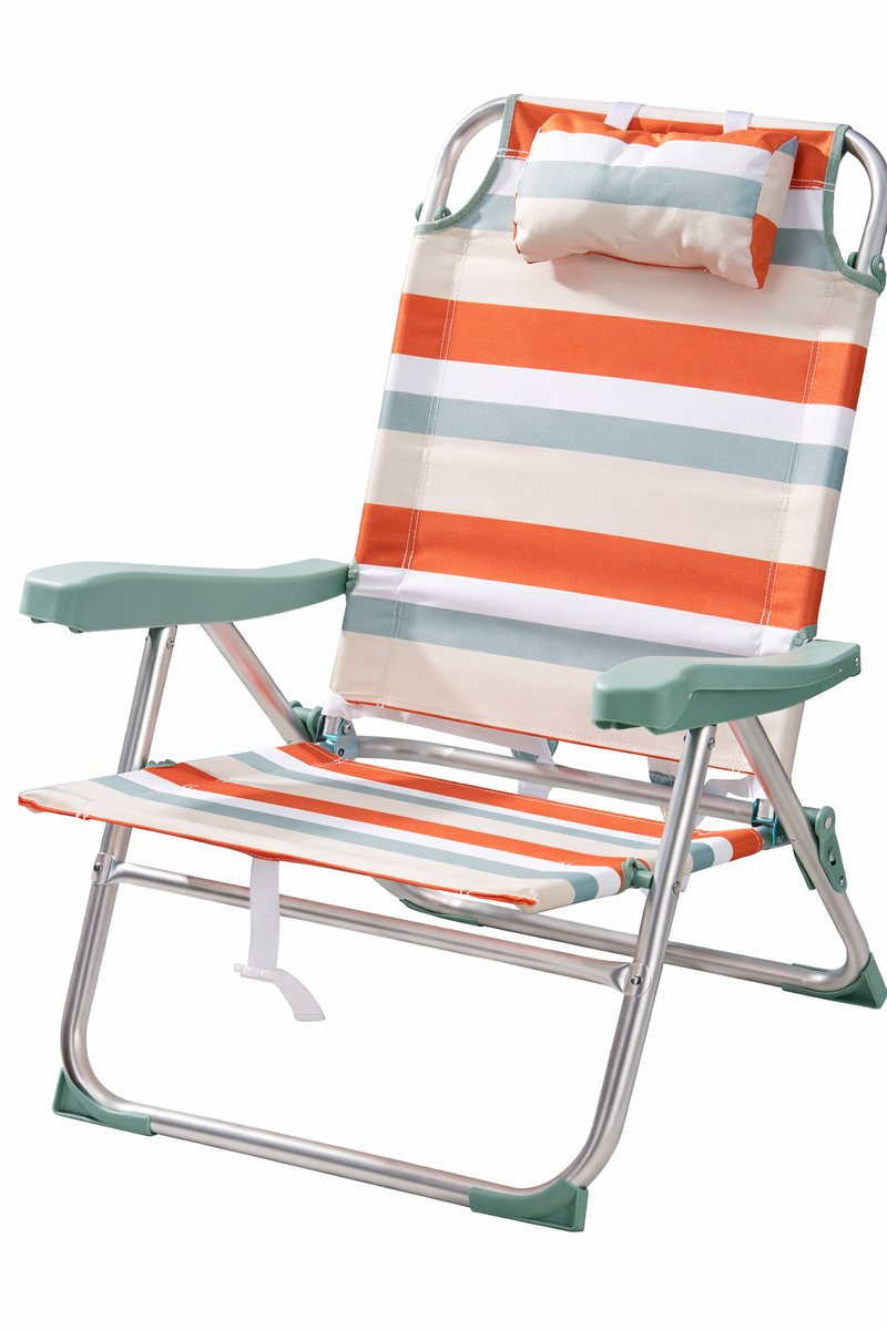 HEM Opvouwbare Campingstoel Voor Volwassenen – Lichtgewicht Aluminium Strandstoel – Verstelbaar met Hoofdkussen – Lage Strandstoel Volwassenen – 110 kg – Oranje Gestreept – Inclusief HEM Microvezeldoekje