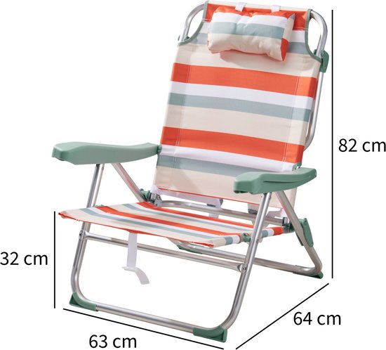 HEM Opvouwbare Campingstoel Voor Volwassenen - Lichtgewicht Aluminium Strandstoel - Verstelbaar Met Hoofdkussen - Lage Strandstoel Volwassenen - 110 Kg - Oranje Gestreept van HEM — afbeelding 2
